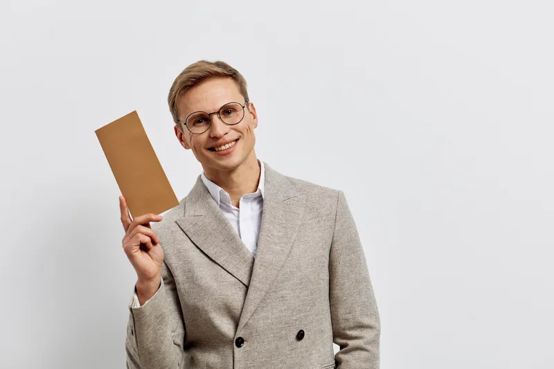 smiling man with glasses hold brown envelope wear beige checkered coat shirt isolated on light background digital nomad concept