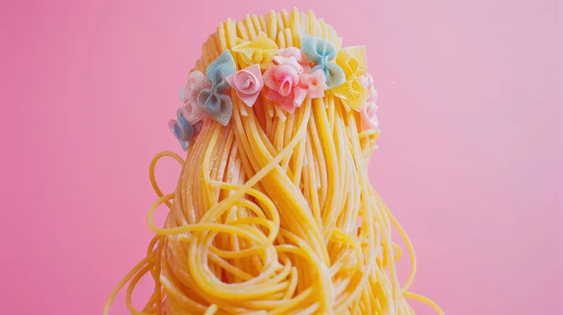 Уникальное творение: спагетти, уложенные в виде длинных волос и украшенные пастельными цветами, на ярко-розовом фоне