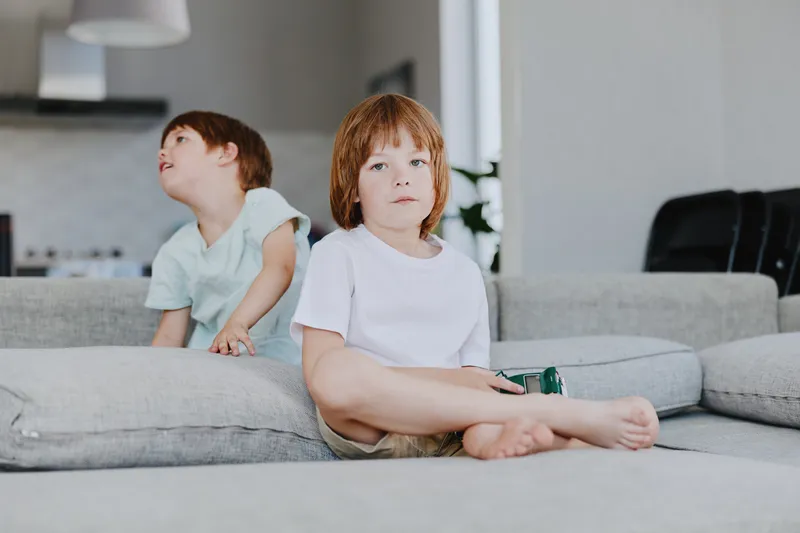 Two boys playing at home, showcasing their playful nature and innocence in a modern living room setting. A cozy atmosphere with soft colors and natural light.