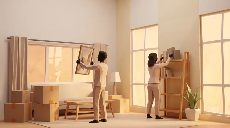 Домашняя сцена в стиле low poly, изображающая пару, распаковывающую коробки и расставляющую книги в новой квартире, идеально подходящая для тем переезда, домовладения и отношений