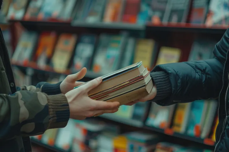 Два человека обмениваются книгами перед большим книжным шкафом, заполненным разнообразными литературными произведениями