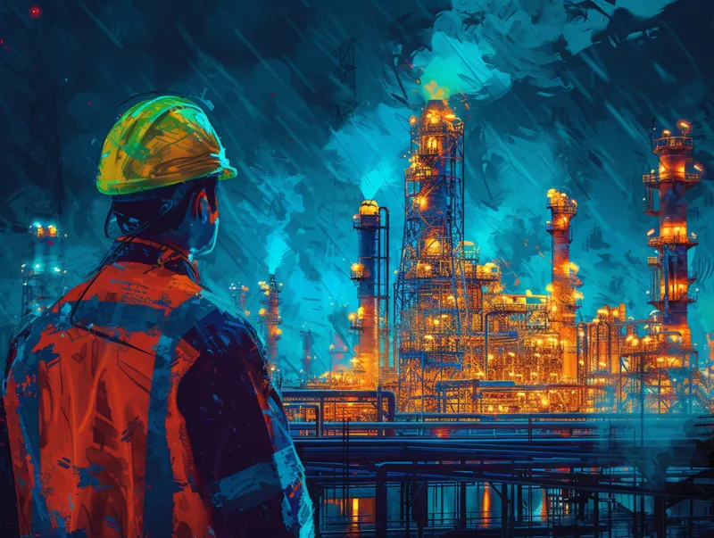 Ночные отражения: мужчина, созерцающий величие нефтеперерабатывающего завода под звездным небом