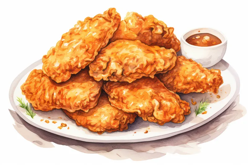 На тарелке на белом фоне лежит хрустящее жареное блюдо из курицы по-азиатски, политое соусом