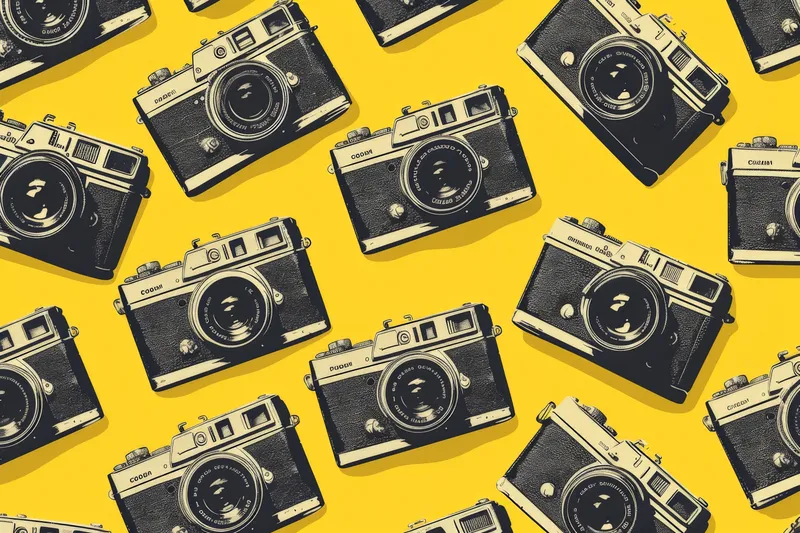 Коллекция винтажных фотоаппаратов, выставленных на ярком жёлтом фоне, дополненная чёрно-белой фотографией классической камеры