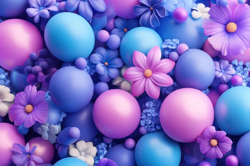 Яркая композиция из фиолетовых и синих цветов и сфер, вызывающая радостную весеннюю атмосферу