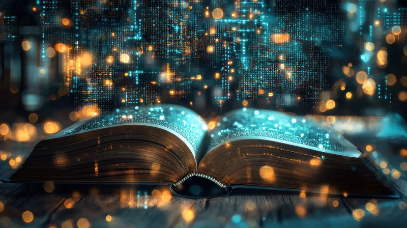 Открытая книга демонстрирует светящиеся цифровые символы на фоне размытого городского пейзажа, иллюстрируя интеграцию знаний и технологий в современном контексте