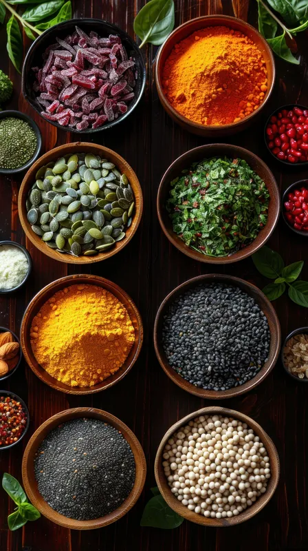 Красочные специи, включая куркуму, черный кунжут и тыквенные семечки, разложенные в деревянных мисках на деревенской поверхности