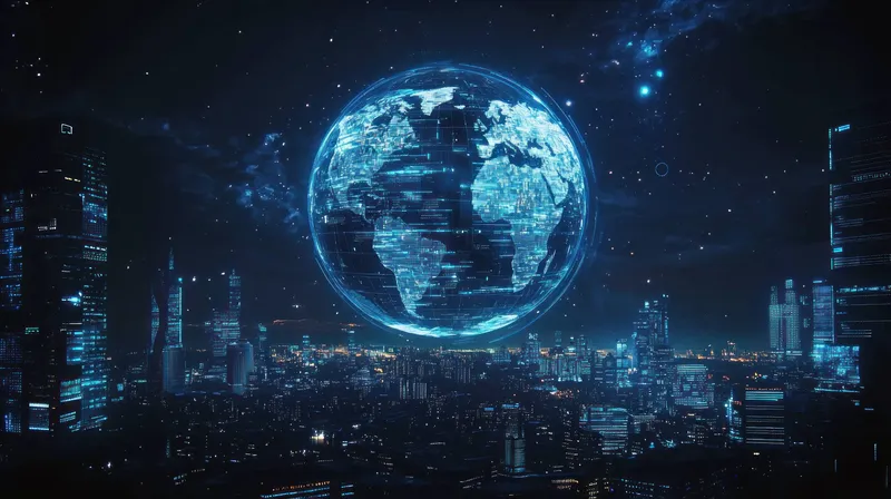 Потрясающий футуристический городской пейзаж со светящимся цифровым глобусом, возвышающимися небоскребами и звездным небом, олицетворяющий прогресс, технологии и глобальную взаимосвязь
