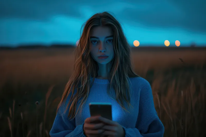 Несчастная, грустная женщина держит смартфон, выглядит расстроенной на фоне ночного города