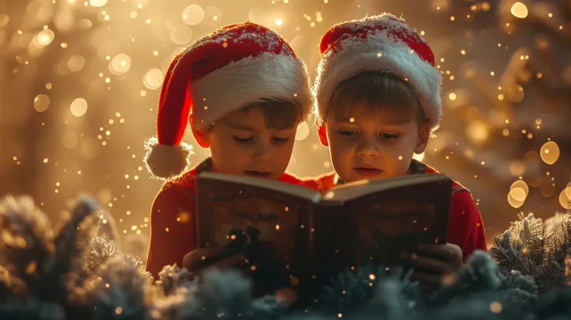 Двое детей в шапках Санты читают рождественскую книгу перед украшенной елкой