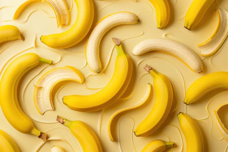 Узор из бананов с белой глазурью на белой поверхности, дизайн здорового перекуса