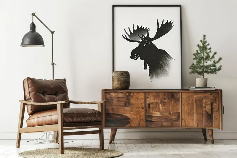 Уютный интерьер с кожаным креслом, деревянным шкафом и силуэтом лося на стене