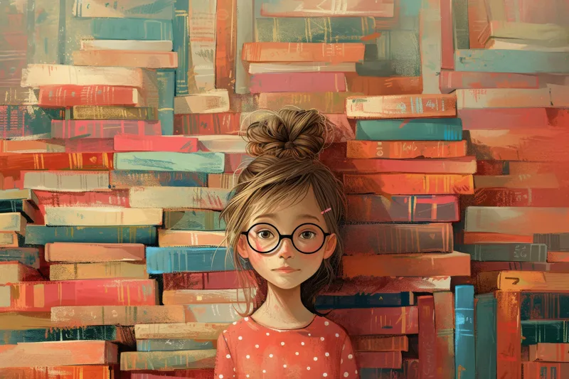 Портрет девочки в очках, стоящей перед стопкой книг в библиотеке