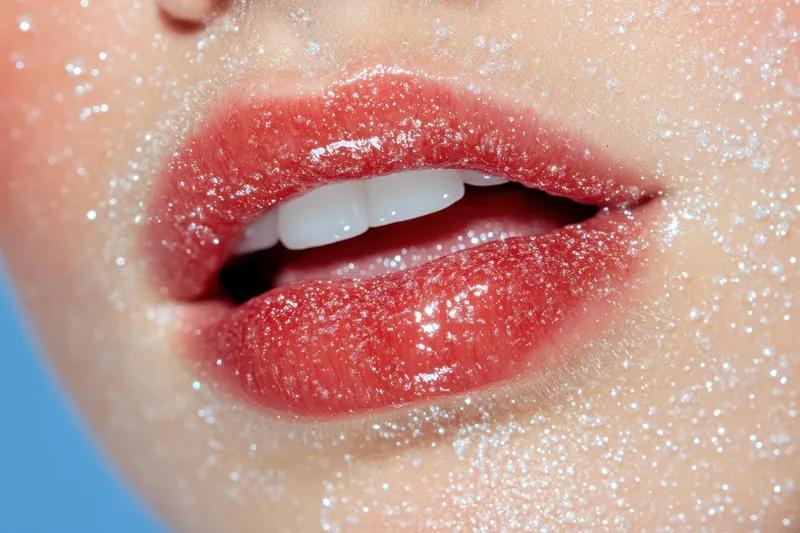 Детальный крупный план глянцевых красных губ, украшенных блестками, подчеркивающий потрясающую красоту, женственность и модный тренд на ярком, красочном фоне