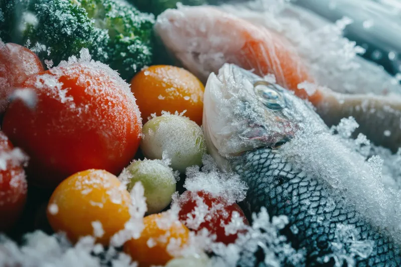 Свежие замороженные морепродукты и овощи, включая рыбу, помидоры и брокколи, запечатлены с кристаллами льда, что символизирует здоровое питание и сезонную свежесть