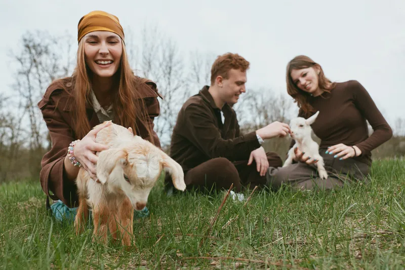 Three young adults enjoy a relaxed moment outdoors as they interact with a playful baby goat in a grassy field during an overcast day.