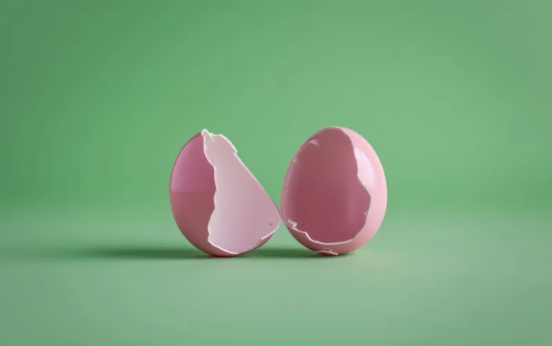 Треснутая розовая яичная скорлупа на ярко-зеленом фоне, 3D-рендеринг