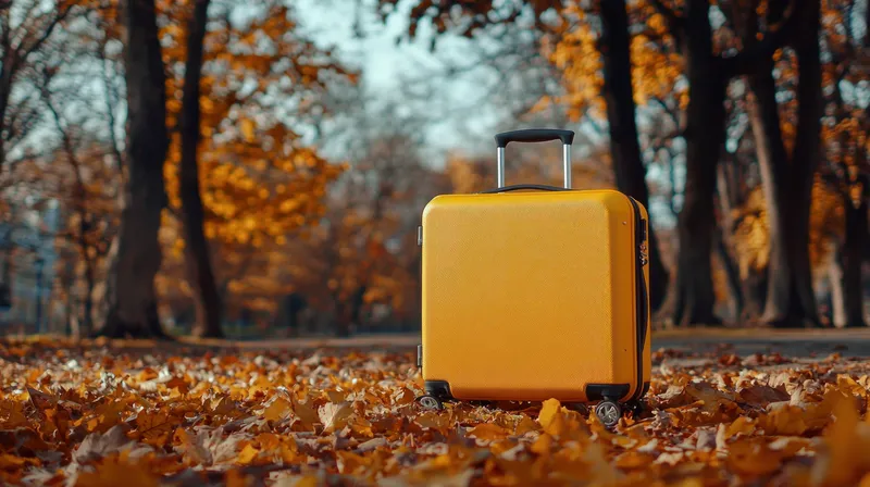 Яркий жёлтый чемодан, покоящийся на ковре из оранжевых и коричневых осенних листьев, отражает тему путешествий и исследований в живописной парковой обстановке