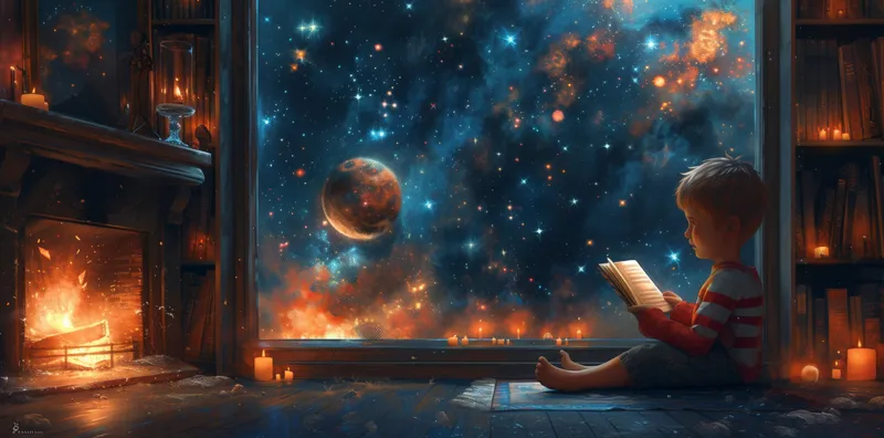 Уютный зимний вечер: маленький мальчик читает книгу у камина перед окном