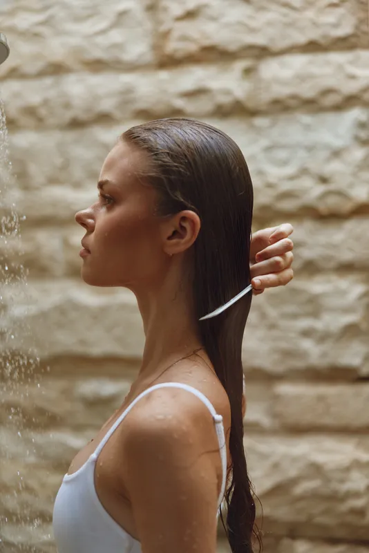 woman washing hair indoors with water pouring down, wet hair and serene expression, soft natural light, white tank top, textured stone background
