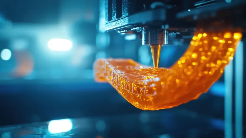 Крупный план 3D-принтера в действии, создающего ярко-оранжевый объект, подчеркивающий тонкости современных технологий и творчества в производстве