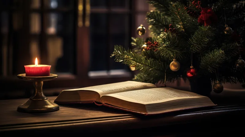 На деревянном столе лежит открытая книга в красной обложке, рядом — новогодняя елка и свечи