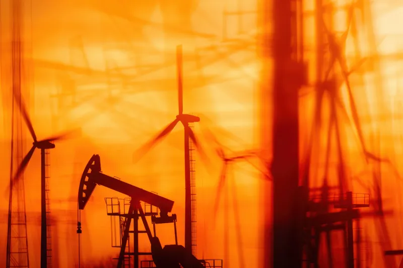 Динамичные силуэты ветряных турбин рядом с нефтяными насосами на фоне интенсивного оранжевого заката