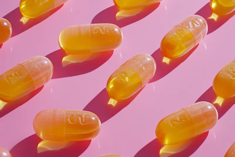 Ряд таблеток витамина C на розовой поверхности с текстом "vitamin c"