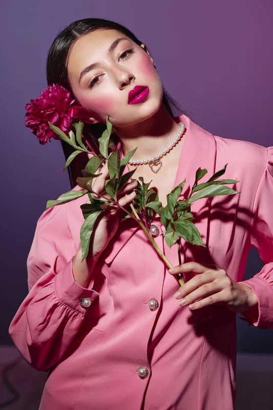 Young woman with glossy hairstyle and bold fuchsia lipstick holds dark pink flower parts while wearing stylish pearl necklace and pink jacket. Creative fashion beauty concept.