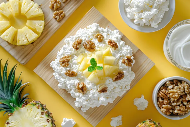 Вкусный и питательный десерт из творога и свежего ананаса, украшенный грецкими орехами