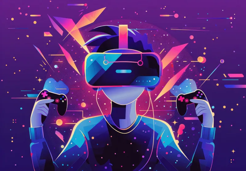 Цифровая работа: геймер в VR-шлеме с игровыми контроллерами в руках, окружённый красочными динамичными элементами