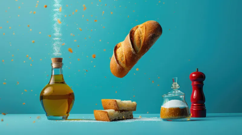 Художественная композиция с парящей буханкой хлеба, бутылкой оливкового масла и приправами на ярком бирюзовом фоне, подчеркивающая кулинарное творчество и процесс приготовления пищи
