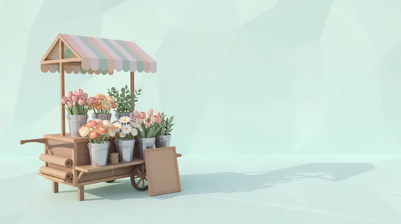 Стилизованная 3D-сцена цветочного рыночного лотка в технике low poly с ведрами цветов, навесом, оберточной бумагой и просторным современным фоном для рекламы флористов