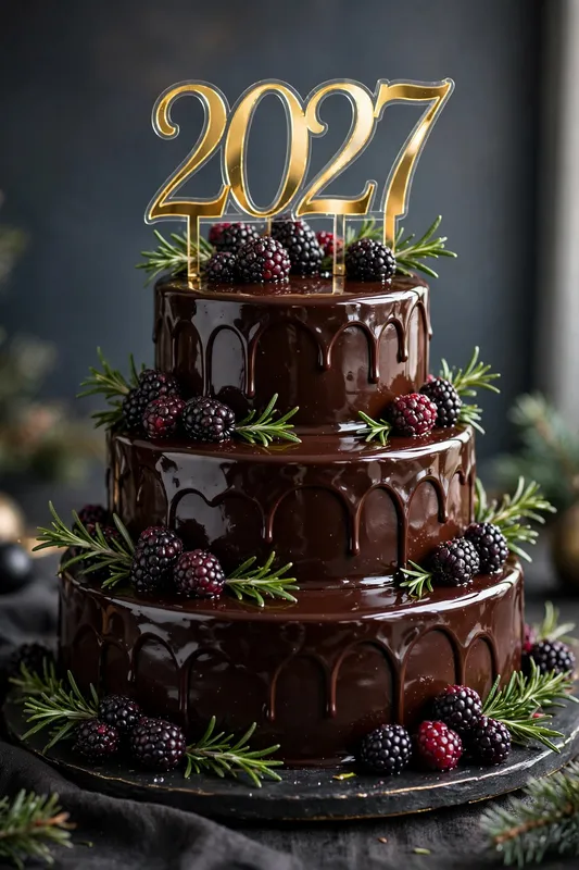 Трехъярусный шоколадный торт с ежевикой и цифрами 2027