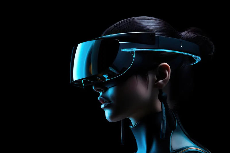 Реальность, женщина, технологии, современная VR-гарнитура, инновации, синий, молодая, очки, футуристический, будущее, концепция, портрет, женщина, устройство, цифровой, виртуальный
