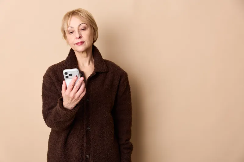 Senior woman portrait holding smartphone, wearing dark coat against beige studio background, she looks at screen with calm expression, vertical composition, communication, copy area