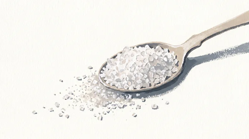 Редакционный натюрморт, написанный от руки: ложка крупной морской соли на шероховатой бумаге с зернистыми пигментными краями и свободным пространством для сезонного дизайна