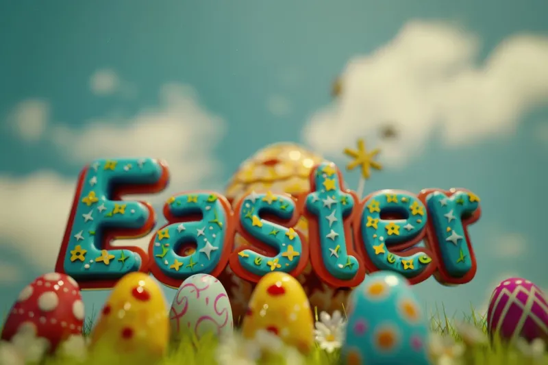 Разноцветные пасхальные яйца на травянистом поле с надписью Easter крупными буквами