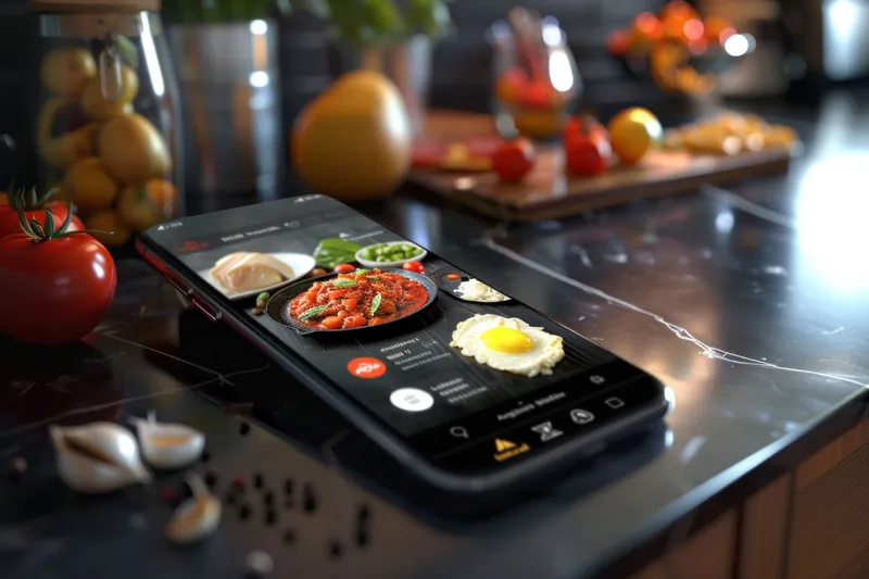 Кухонная столешница с чесноком, помидорами и ингредиентами на заднем плане, iPhone с изображением еды