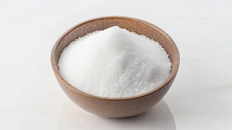 Деревянная миска, наполненная белым сахаром, подчеркивающая его мелкую текстуру и яркий белый цвет, идеально подходит для фуд-фотографии, выпечки и кулинарного искусства