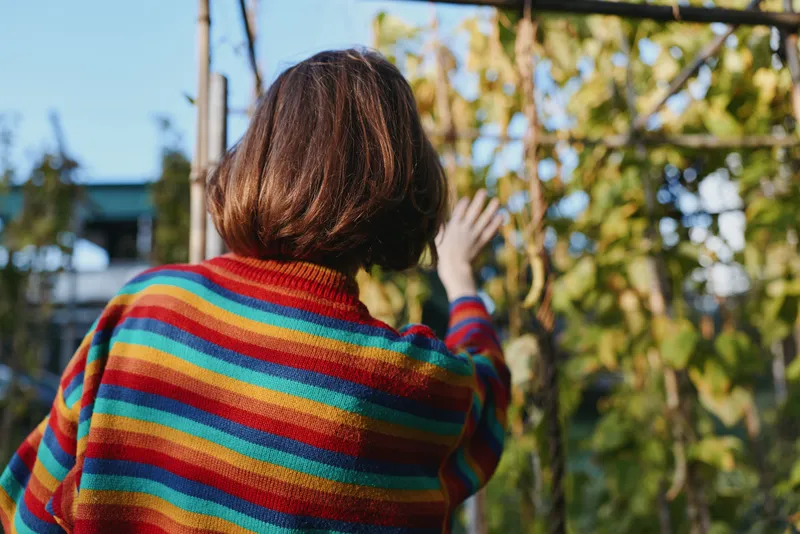Woman in rainbow sweater, back view with short hair reaching toward vine plants in a sunny backyard garden. Casual outfit, peaceful mood, lifestyle and fashion gardening scene.