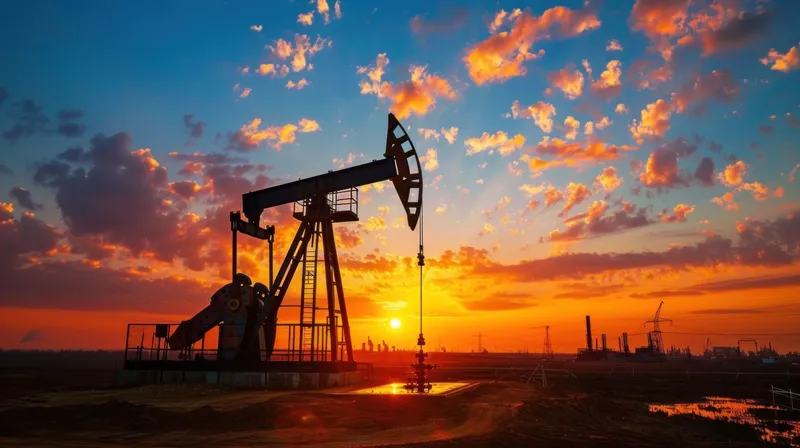 Нефтяная качалка возвышается на фоне яркого заката, отбрасывая силуэт на фоне красочных облаков и городского горизонта