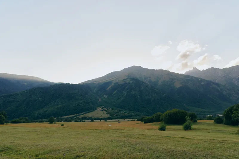 Wide open field stretches under a clear sky with distant mountains creating a peaceful natural landscape in soft daylight.