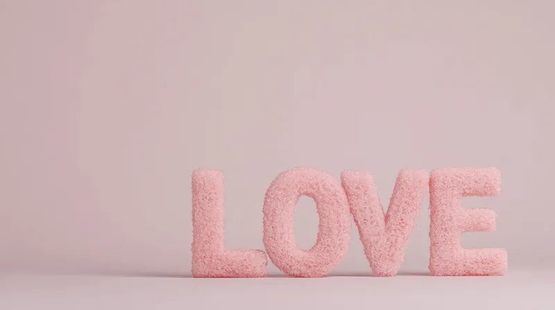 Очаровательные мягкие розовые буквы, составляющие слово LOVE, расположены на минималистичном светлом фоне