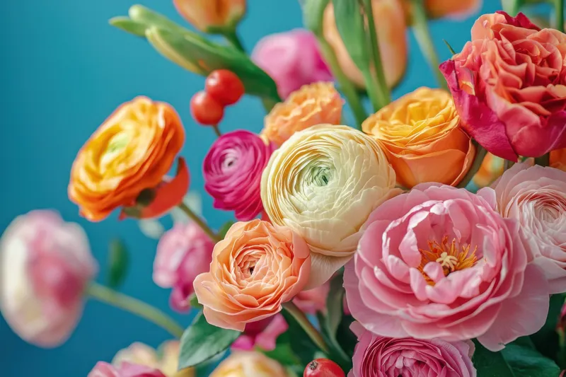 Красивая композиция из ярких цветов лютика в оттенках розового, оранжевого и желтого на фоне эффектного синего фона