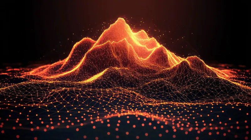 Потрясающий 3D-пейзаж со светящимися линиями и частицами, выполненный в динамичной оранжево-черной цветовой гамме, идеально подходит для технологий, визуализации данных и цифрового искусства