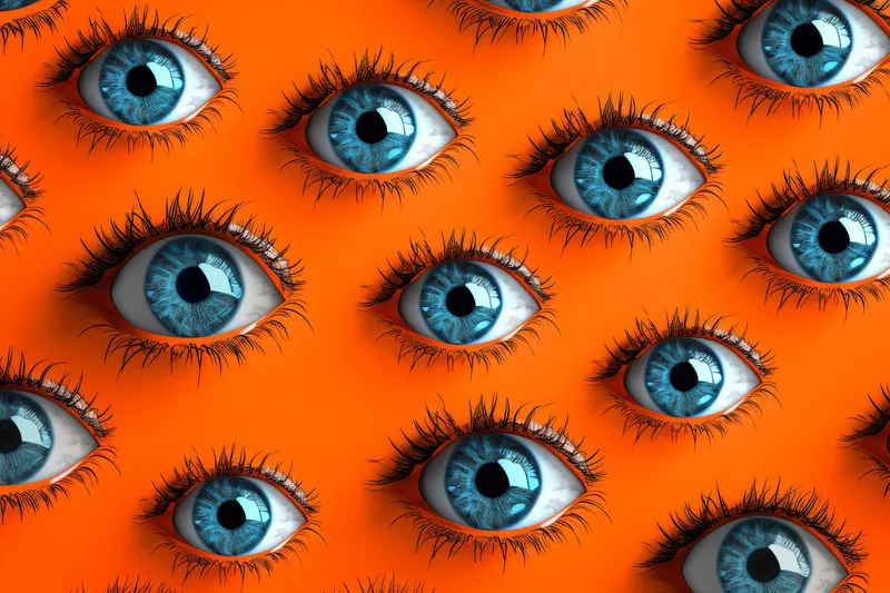 Коллекция голубых глаз на оранжевом фоне с текстом Eyes