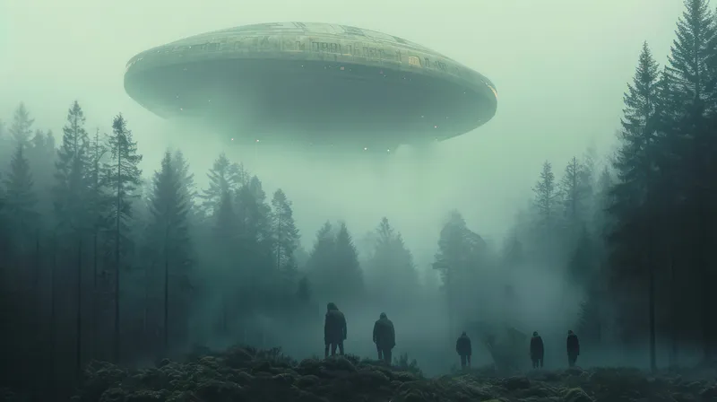 Таинственный инопланетный космический корабль вторгается в ночное небо, похищая посетителей в футуристическом пейзаже
