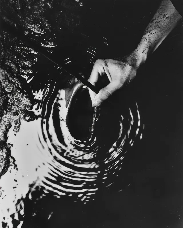 Черно-белое изображение руки, нежно помешивающей воду, создающей круговые круги, символизирующие спокойствие и движение