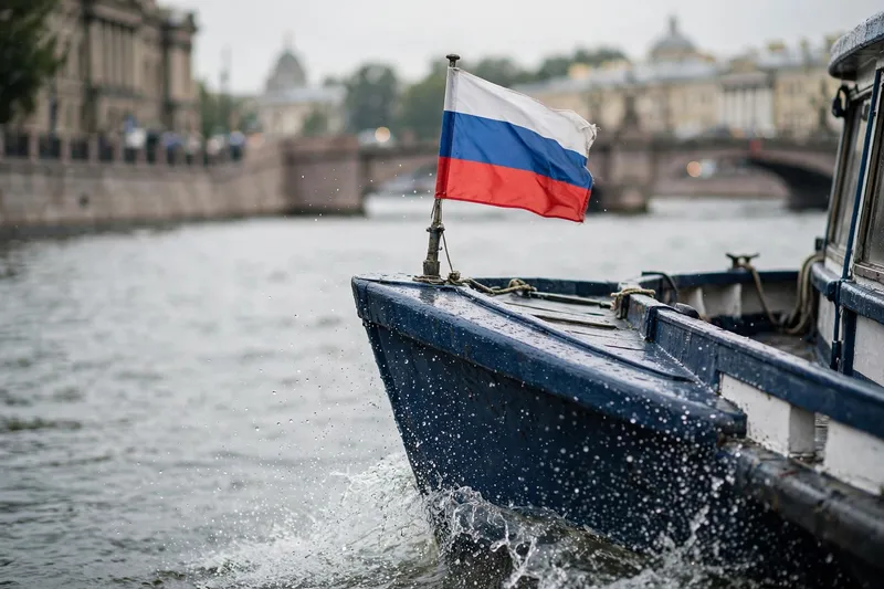 Нос катера с российским флагом рассекает воду на фоне набережной